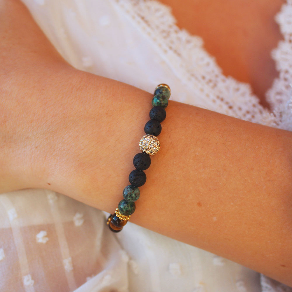 Découvrez notre bracelet GaÏa en oeil de tigre, turquoise africaine et pierre de lave !