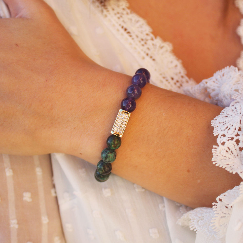 Découvrez notre bracelet Thalie en améthyste et en turquoise africaine